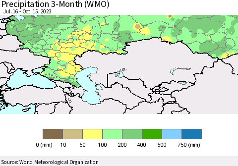 Russian Federation Precipitation 3-Month (WMO) Thematic Map For 7/16/2023 - 10/15/2023