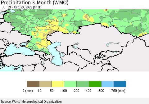 Russian Federation Precipitation 3-Month (WMO) Thematic Map For 7/21/2023 - 10/20/2023