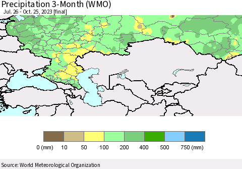 Russian Federation Precipitation 3-Month (WMO) Thematic Map For 7/26/2023 - 10/25/2023