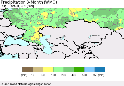 Russian Federation Precipitation 3-Month (WMO) Thematic Map For 8/1/2023 - 10/31/2023