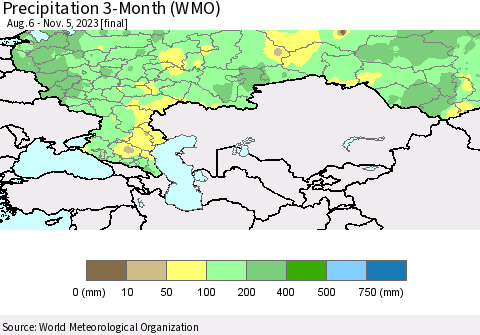 Russian Federation Precipitation 3-Month (WMO) Thematic Map For 8/6/2023 - 11/5/2023