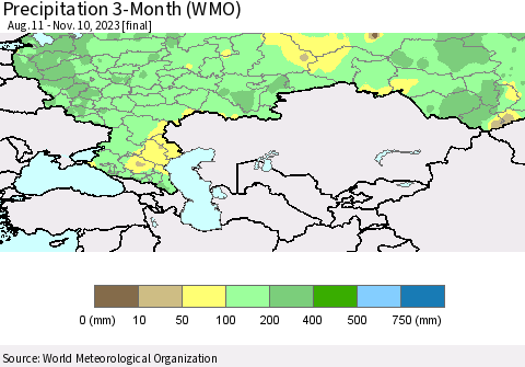 Russian Federation Precipitation 3-Month (WMO) Thematic Map For 8/11/2023 - 11/10/2023