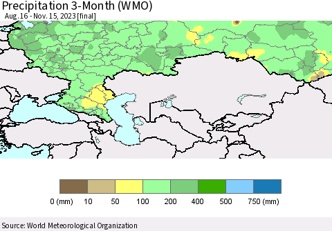 Russian Federation Precipitation 3-Month (WMO) Thematic Map For 8/16/2023 - 11/15/2023