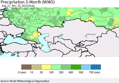 Russian Federation Precipitation 3-Month (WMO) Thematic Map For 8/21/2023 - 11/20/2023