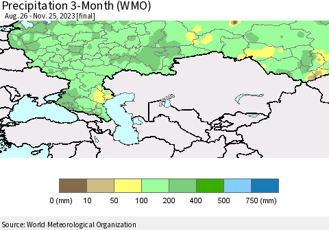 Russian Federation Precipitation 3-Month (WMO) Thematic Map For 8/26/2023 - 11/25/2023