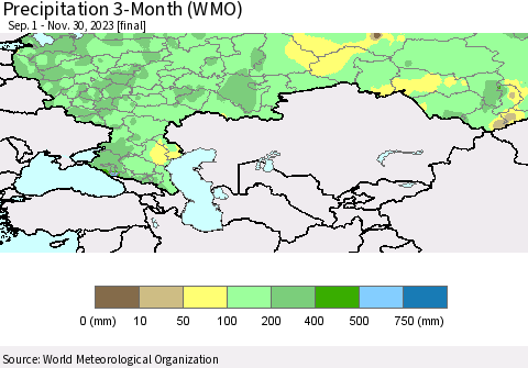 Russian Federation Precipitation 3-Month (WMO) Thematic Map For 9/1/2023 - 11/30/2023