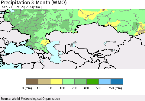 Russian Federation Precipitation 3-Month (WMO) Thematic Map For 9/21/2023 - 12/20/2023