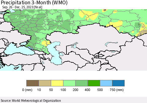 Russian Federation Precipitation 3-Month (WMO) Thematic Map For 9/26/2023 - 12/25/2023