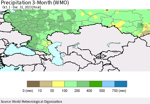 Russian Federation Precipitation 3-Month (WMO) Thematic Map For 10/1/2023 - 12/31/2023