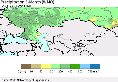 Russian Federation Precipitation 3-Month (WMO) Thematic Map For 10/6/2023 - 1/5/2024