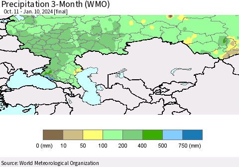 Russian Federation Precipitation 3-Month (WMO) Thematic Map For 10/11/2023 - 1/10/2024