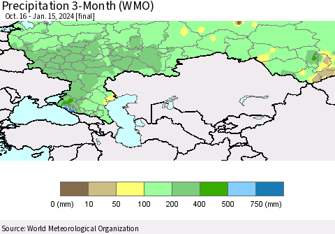 Russian Federation Precipitation 3-Month (WMO) Thematic Map For 10/16/2023 - 1/15/2024