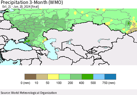 Russian Federation Precipitation 3-Month (WMO) Thematic Map For 10/21/2023 - 1/20/2024