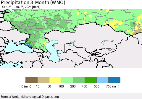 Russian Federation Precipitation 3-Month (WMO) Thematic Map For 10/26/2023 - 1/25/2024