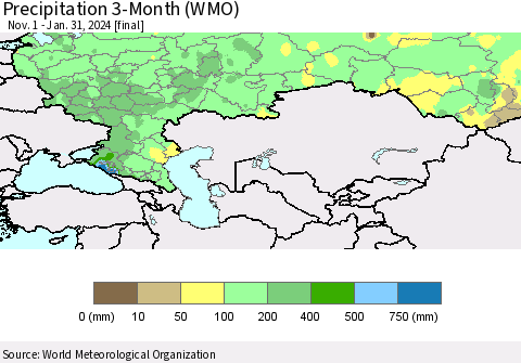 Russian Federation Precipitation 3-Month (WMO) Thematic Map For 11/1/2023 - 1/31/2024