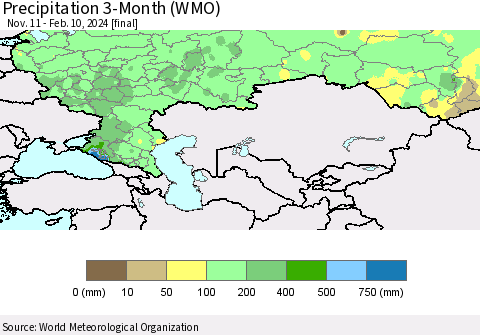 Russian Federation Precipitation 3-Month (WMO) Thematic Map For 11/11/2023 - 2/10/2024