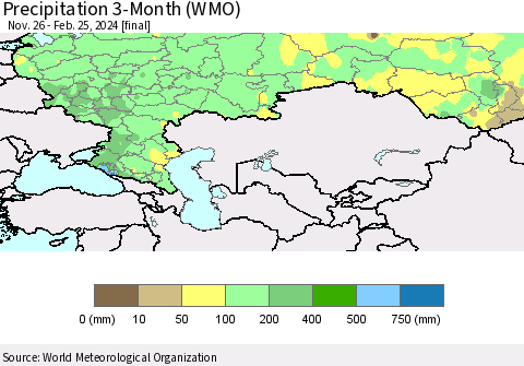 Russian Federation Precipitation 3-Month (WMO) Thematic Map For 11/26/2023 - 2/25/2024