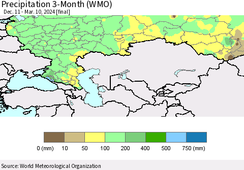 Russian Federation Precipitation 3-Month (WMO) Thematic Map For 12/11/2023 - 3/10/2024