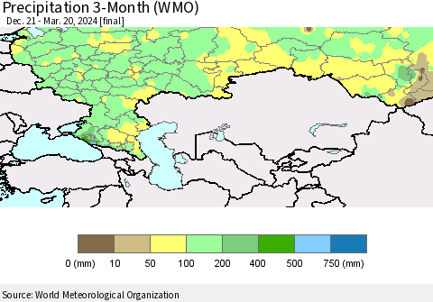 Russian Federation Precipitation 3-Month (WMO) Thematic Map For 12/21/2023 - 3/20/2024