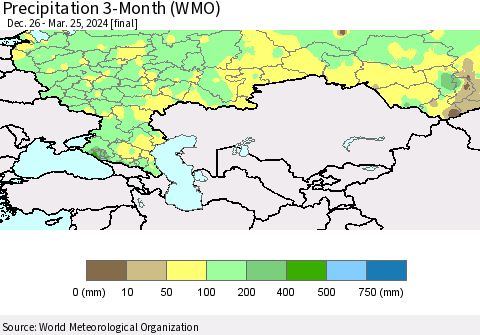 Russian Federation Precipitation 3-Month (WMO) Thematic Map For 12/26/2023 - 3/25/2024