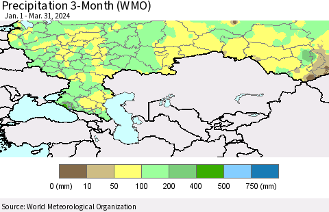 Russian Federation Precipitation 3-Month (WMO) Thematic Map For 1/1/2024 - 3/31/2024