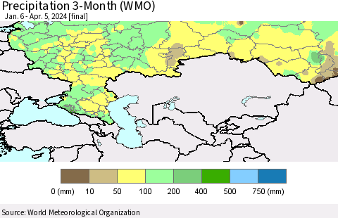 Russian Federation Precipitation 3-Month (WMO) Thematic Map For 1/6/2024 - 4/5/2024