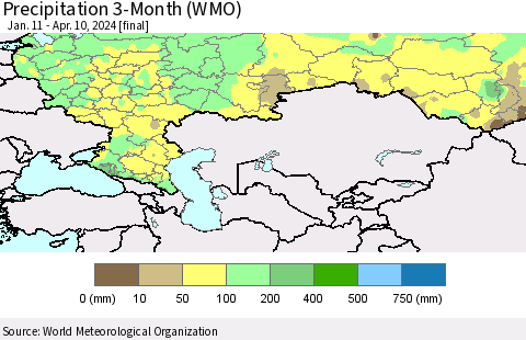 Russian Federation Precipitation 3-Month (WMO) Thematic Map For 1/11/2024 - 4/10/2024
