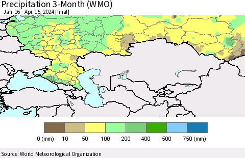 Russian Federation Precipitation 3-Month (WMO) Thematic Map For 1/16/2024 - 4/15/2024