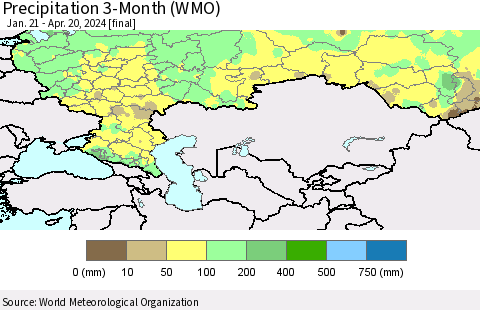 Russian Federation Precipitation 3-Month (WMO) Thematic Map For 1/21/2024 - 4/20/2024