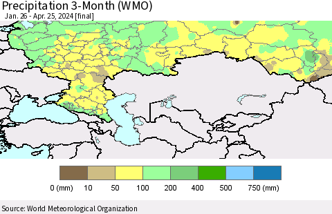 Russian Federation Precipitation 3-Month (WMO) Thematic Map For 1/26/2024 - 4/25/2024