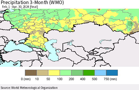 Russian Federation Precipitation 3-Month (WMO) Thematic Map For 2/1/2024 - 4/30/2024