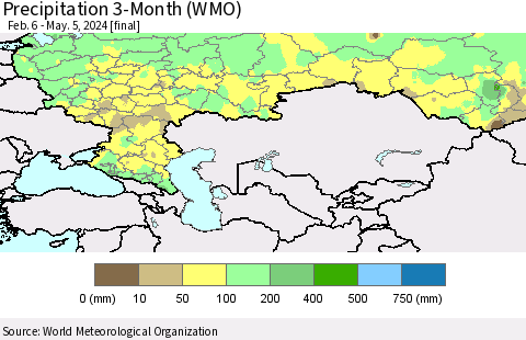 Russian Federation Precipitation 3-Month (WMO) Thematic Map For 2/6/2024 - 5/5/2024