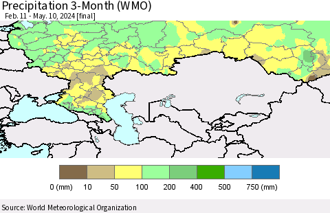 Russian Federation Precipitation 3-Month (WMO) Thematic Map For 2/11/2024 - 5/10/2024