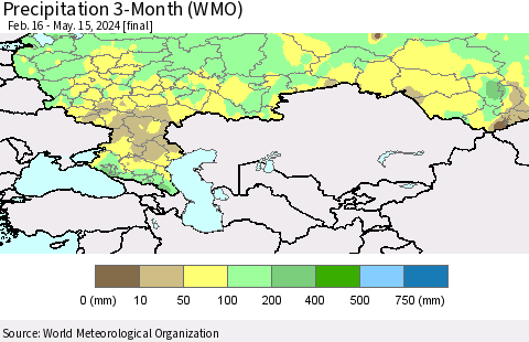 Russian Federation Precipitation 3-Month (WMO) Thematic Map For 2/16/2024 - 5/15/2024