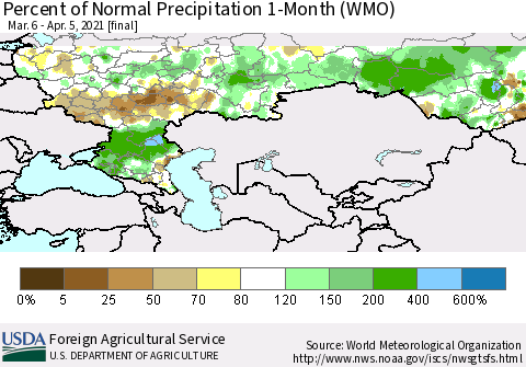 Russian Federation Percent of Normal Precipitation 1-Month (WMO) Thematic Map For 3/6/2021 - 4/5/2021