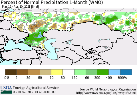 Russian Federation Percent of Normal Precipitation 1-Month (WMO) Thematic Map For 3/11/2021 - 4/10/2021