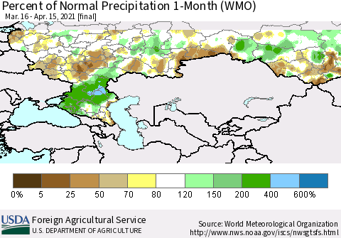 Russian Federation Percent of Normal Precipitation 1-Month (WMO) Thematic Map For 3/16/2021 - 4/15/2021