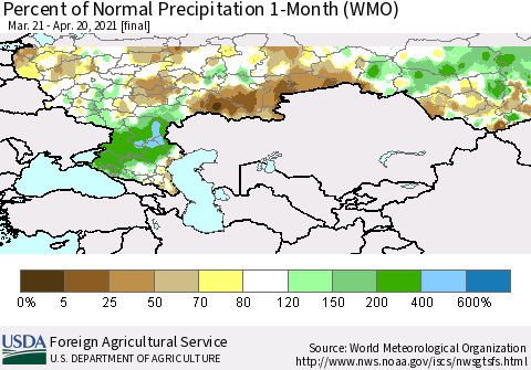 Russian Federation Percent of Normal Precipitation 1-Month (WMO) Thematic Map For 3/21/2021 - 4/20/2021