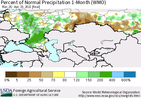 Russian Federation Percent of Normal Precipitation 1-Month (WMO) Thematic Map For 3/26/2021 - 4/25/2021
