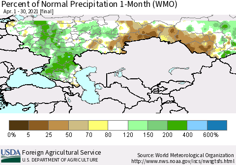Russian Federation Percent of Normal Precipitation 1-Month (WMO) Thematic Map For 4/1/2021 - 4/30/2021