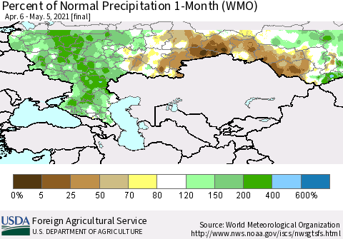 Russian Federation Percent of Normal Precipitation 1-Month (WMO) Thematic Map For 4/6/2021 - 5/5/2021