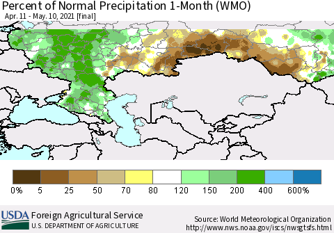 Russian Federation Percent of Normal Precipitation 1-Month (WMO) Thematic Map For 4/11/2021 - 5/10/2021