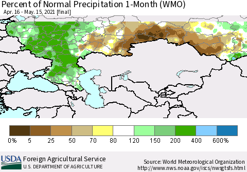 Russian Federation Percent of Normal Precipitation 1-Month (WMO) Thematic Map For 4/16/2021 - 5/15/2021