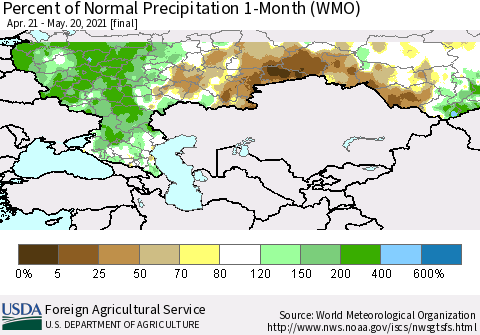 Russian Federation Percent of Normal Precipitation 1-Month (WMO) Thematic Map For 4/21/2021 - 5/20/2021