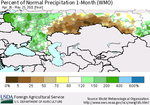 Russian Federation Percent of Normal Precipitation 1-Month (WMO) Thematic Map For 4/26/2021 - 5/25/2021