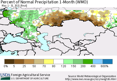 Russian Federation Percent of Normal Precipitation 1-Month (WMO) Thematic Map For 5/1/2021 - 5/31/2021