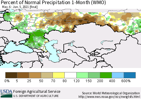 Russian Federation Percent of Normal Precipitation 1-Month (WMO) Thematic Map For 5/6/2021 - 6/5/2021