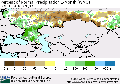 Russian Federation Percent of Normal Precipitation 1-Month (WMO) Thematic Map For 5/11/2021 - 6/10/2021