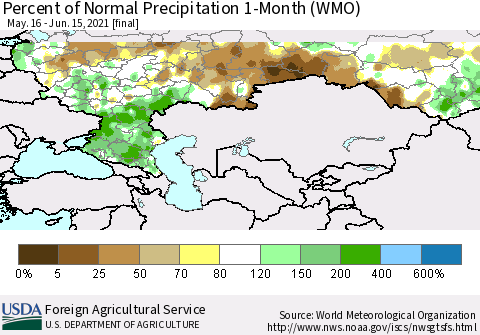 Russian Federation Percent of Normal Precipitation 1-Month (WMO) Thematic Map For 5/16/2021 - 6/15/2021