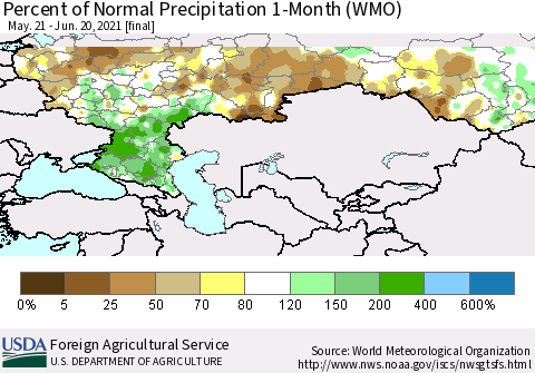 Russian Federation Percent of Normal Precipitation 1-Month (WMO) Thematic Map For 5/21/2021 - 6/20/2021
